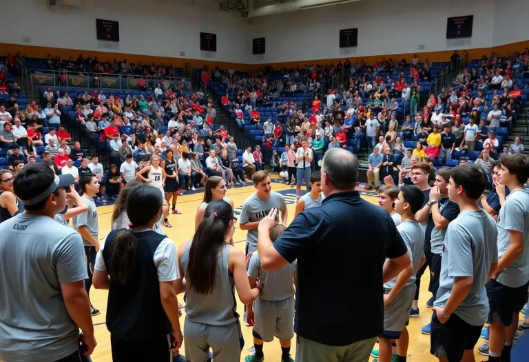 High school basketball team in a huddle during a game