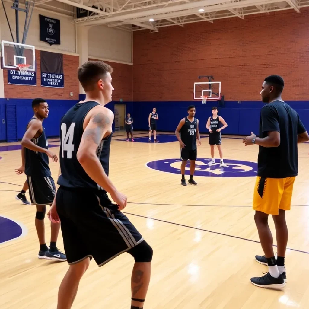 Basketball practice at St. Thomas University with players and a coach