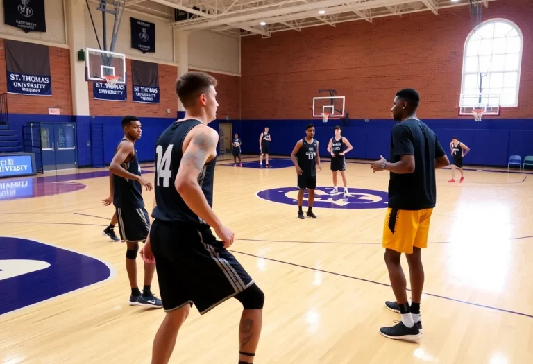 Basketball practice at St. Thomas University with players and a coach