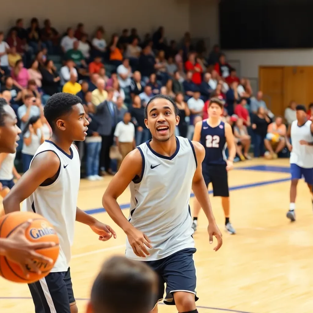 Star Valley basketball game scene with players and fans.