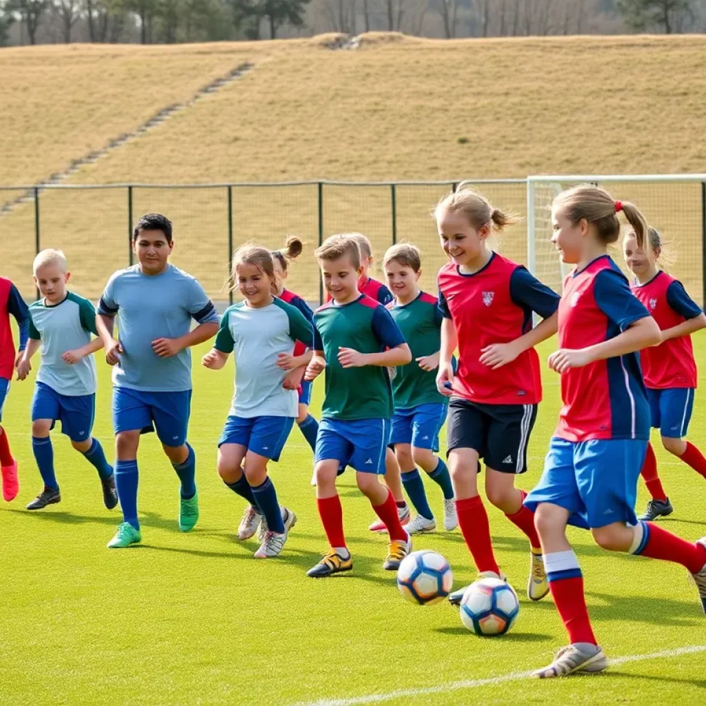 Young soccer players practicing together on a field