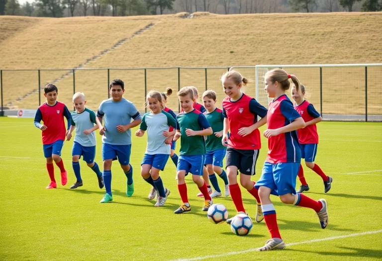 Young soccer players practicing together on a field