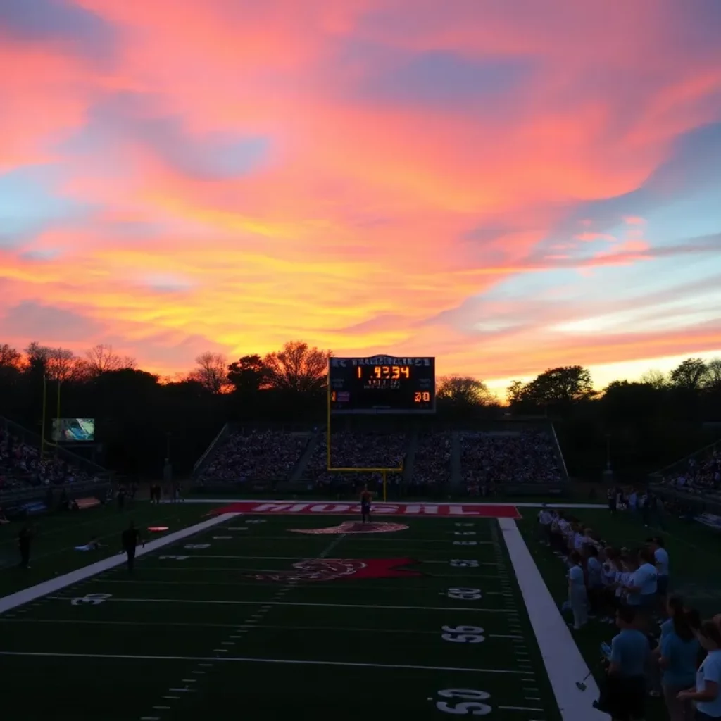 Sunset illuminating a sports field filled with fans and cheering crowds