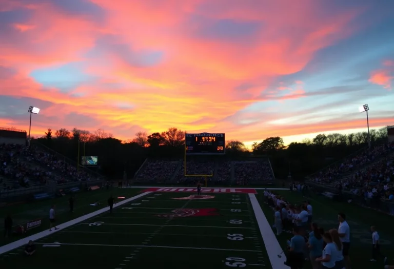 Sunset illuminating a sports field filled with fans and cheering crowds