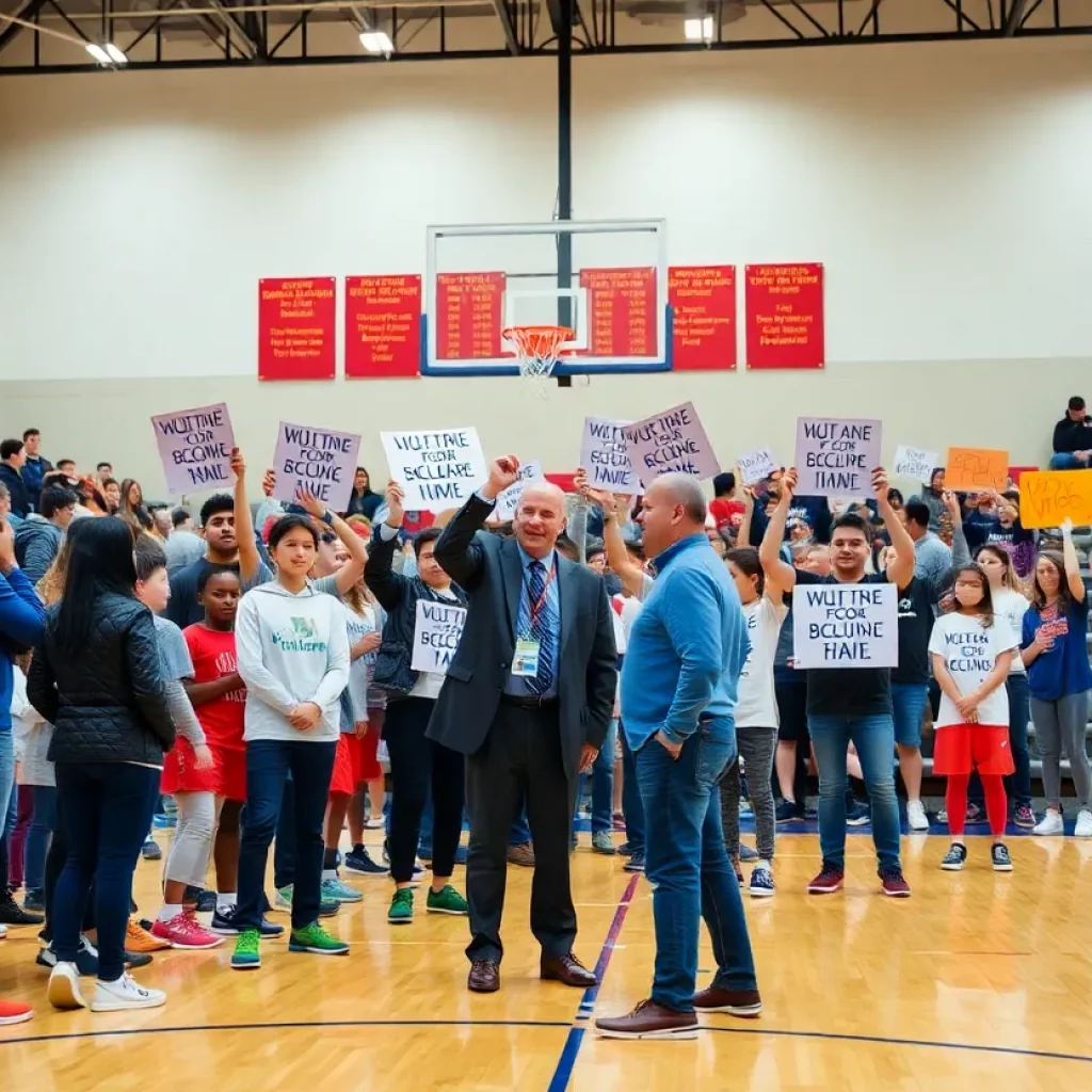 Community members rallying support for Columbia High School basketball coach.
