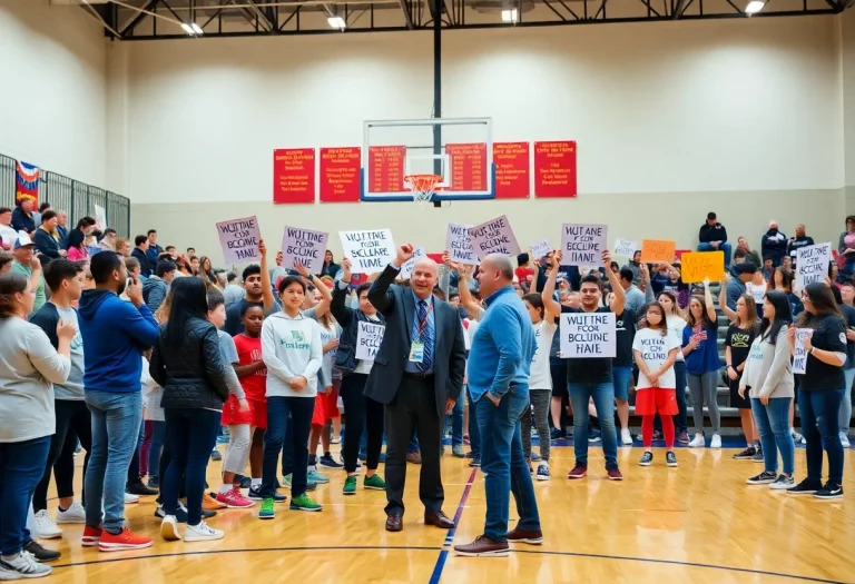 Community members rallying support for Columbia High School basketball coach.