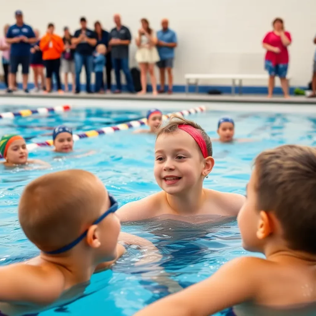Young swimmers practicing in the pool with a coach