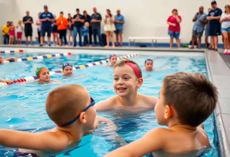 Young swimmers practicing in the pool with a coach
