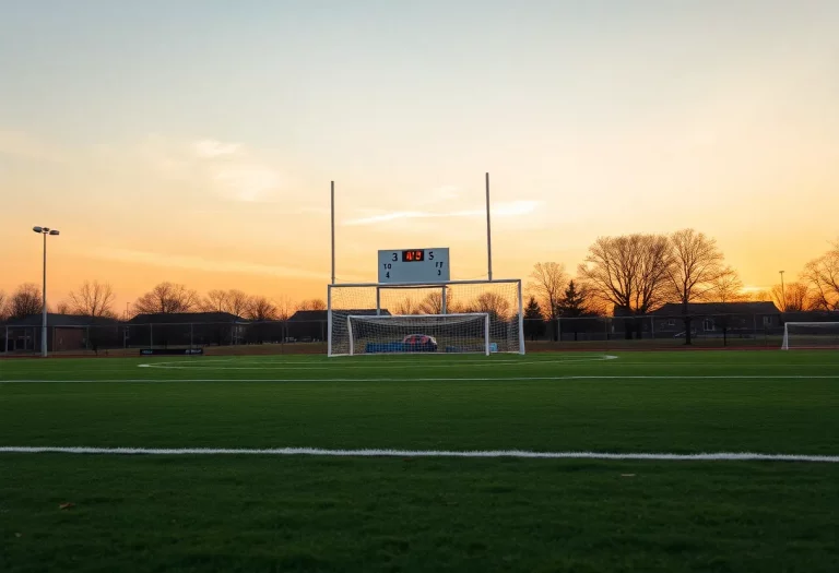 Empty soccer field in Syracuse at sunset