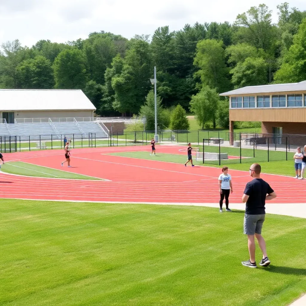 A newly renovated track and field complex at Taconic High School with athletes practicing.