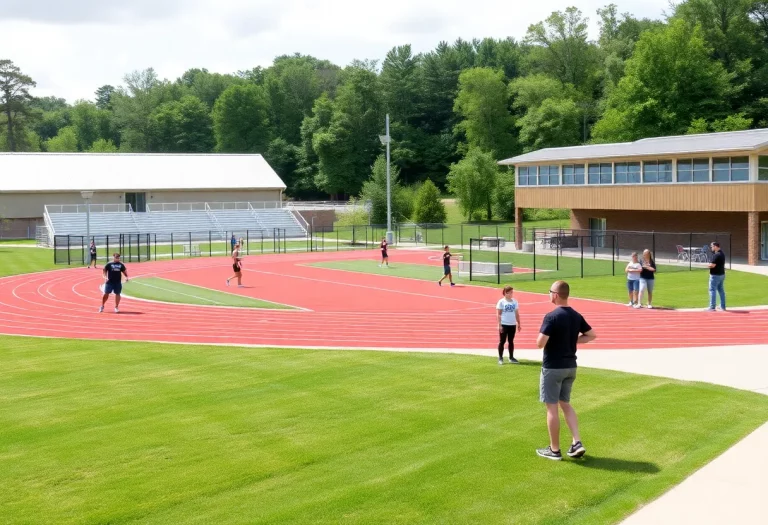 A newly renovated track and field complex at Taconic High School with athletes practicing.