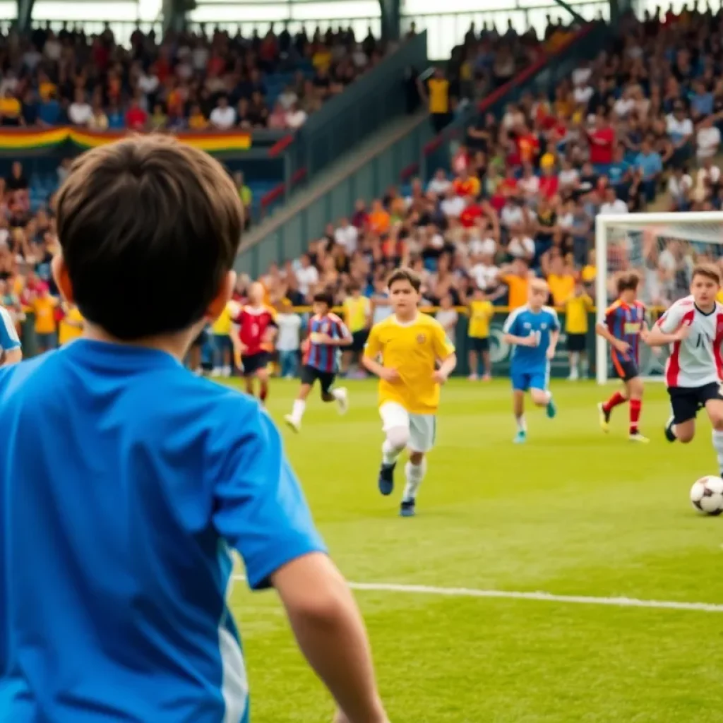 Participants playing soccer at the Team Tessa tournament with spectators