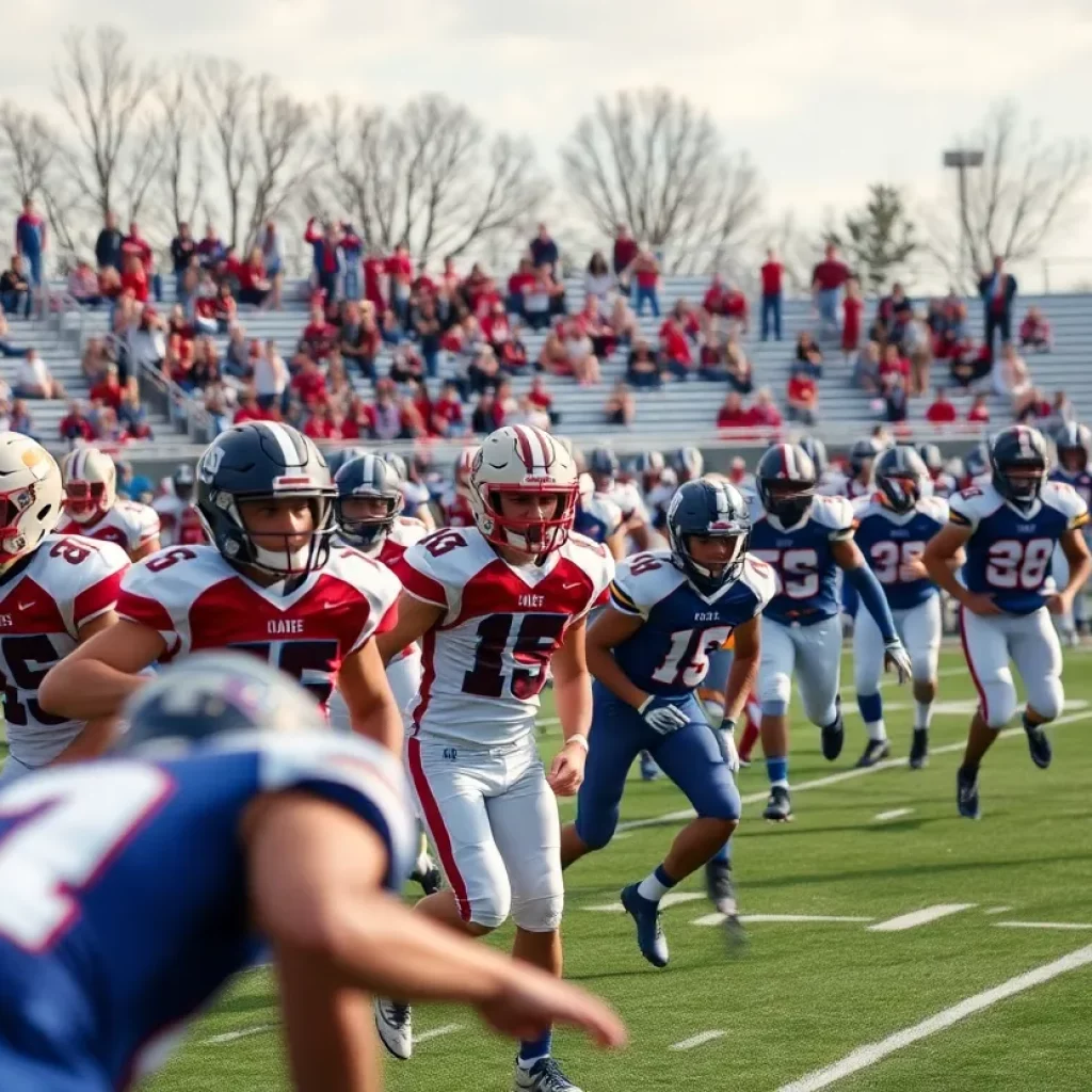 High school football players in action on the football field during a game.