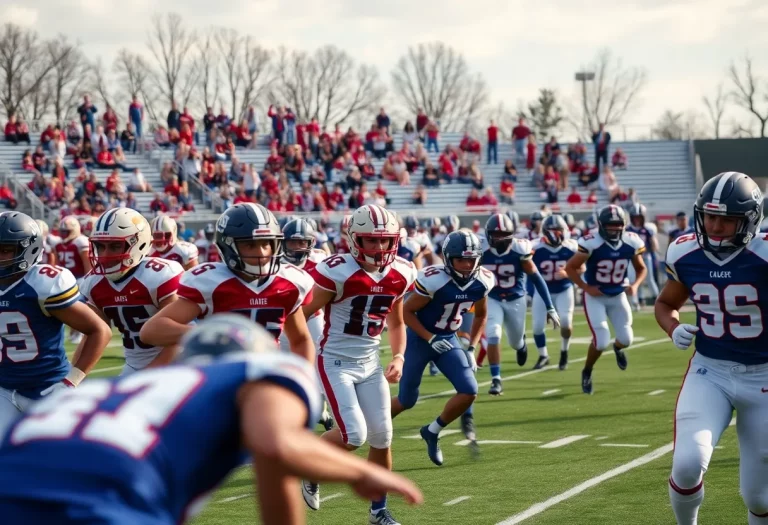 High school football players in action on the football field during a game.