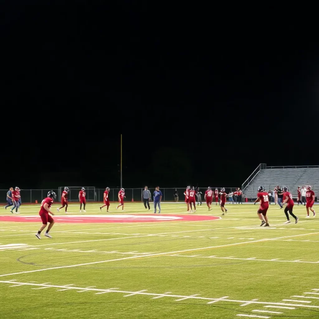 Football practice at Teton Timberwolves under stadium lights
