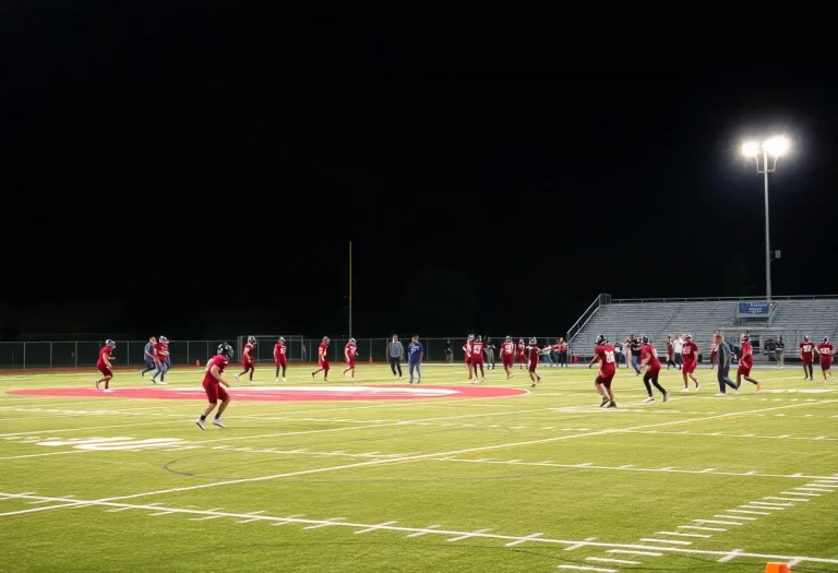 Football practice at Teton Timberwolves under stadium lights