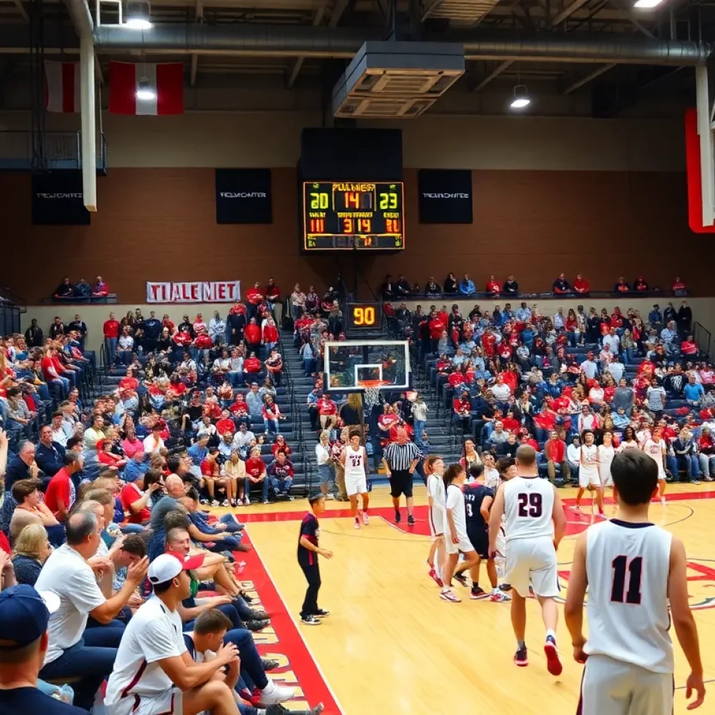 Energetic Texas high school basketball scene with players and fans