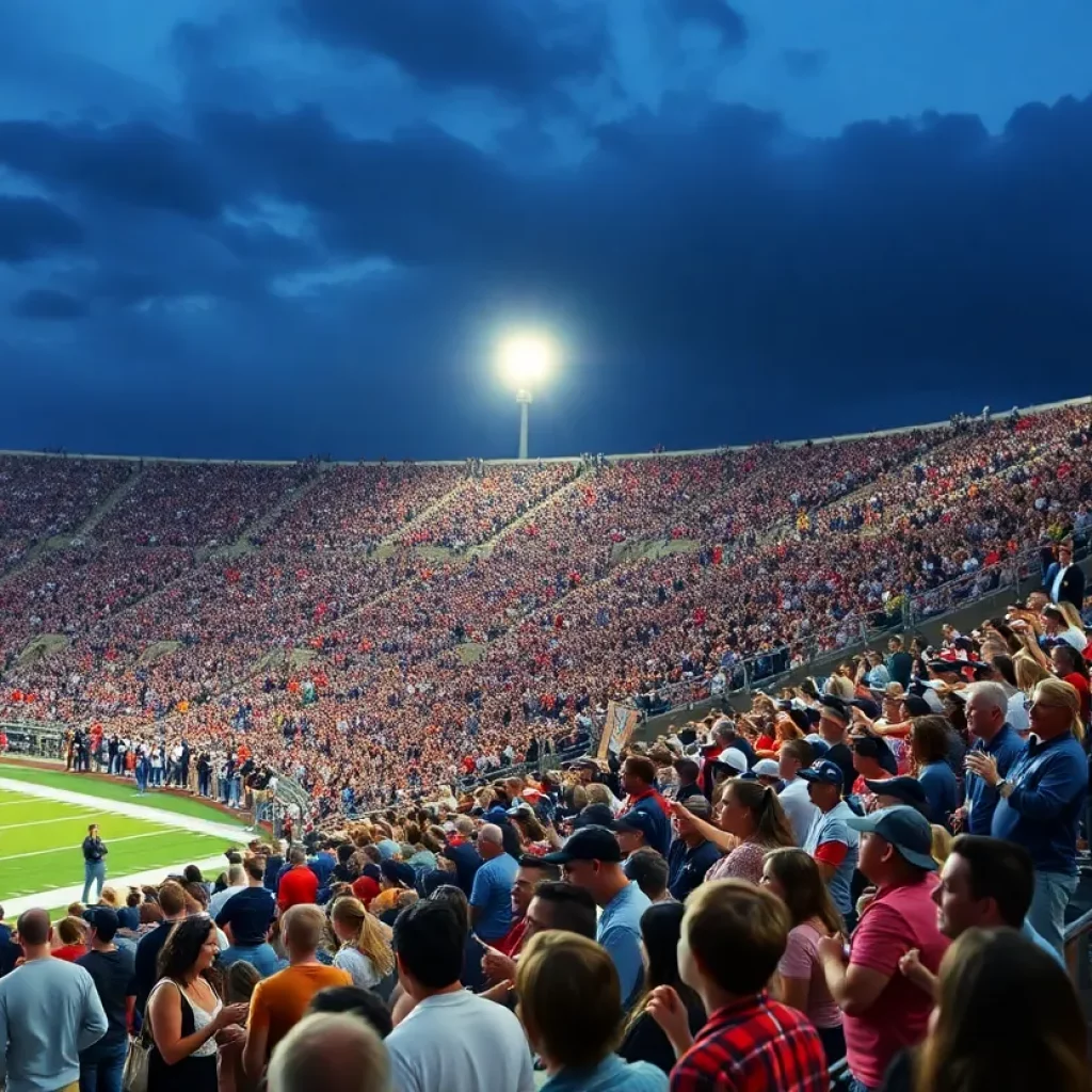 A lively high school football game in Texas with cheering fans.