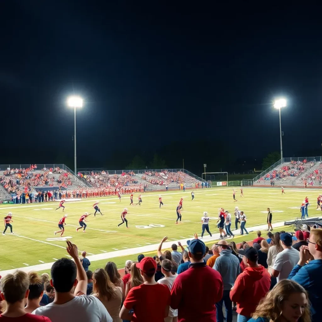 High school football players in action with cheering fans in the background