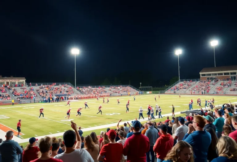 High school football players in action with cheering fans in the background
