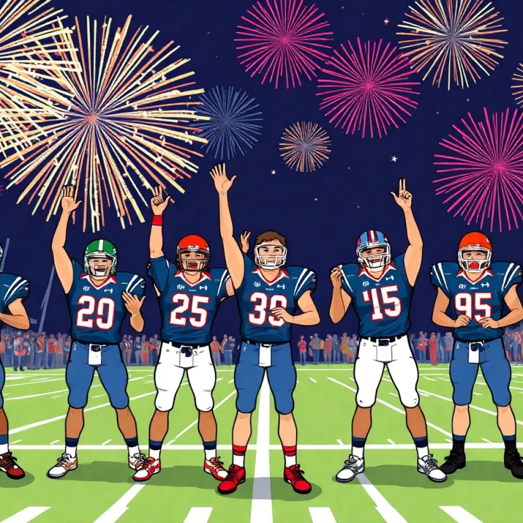 High school football players celebrating college commitments