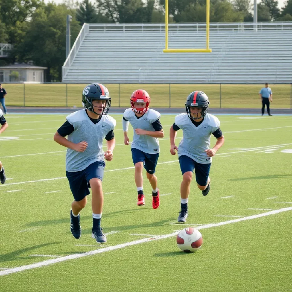 Young athletes practicing on a football field for high school football season