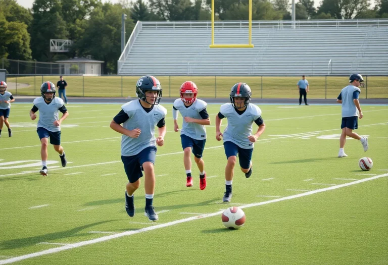 Young athletes practicing on a football field for high school football season