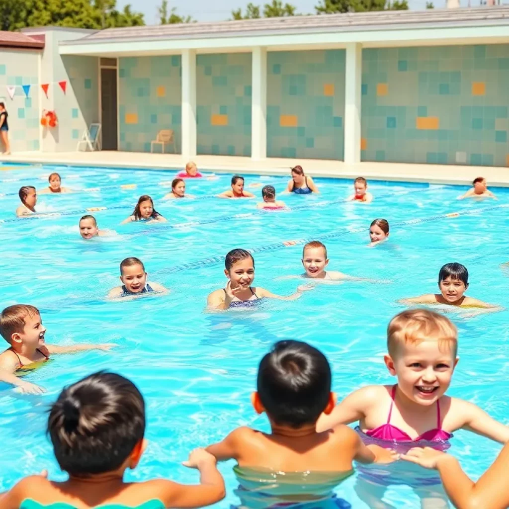 Families participating in swimming activities at Tigard community pool