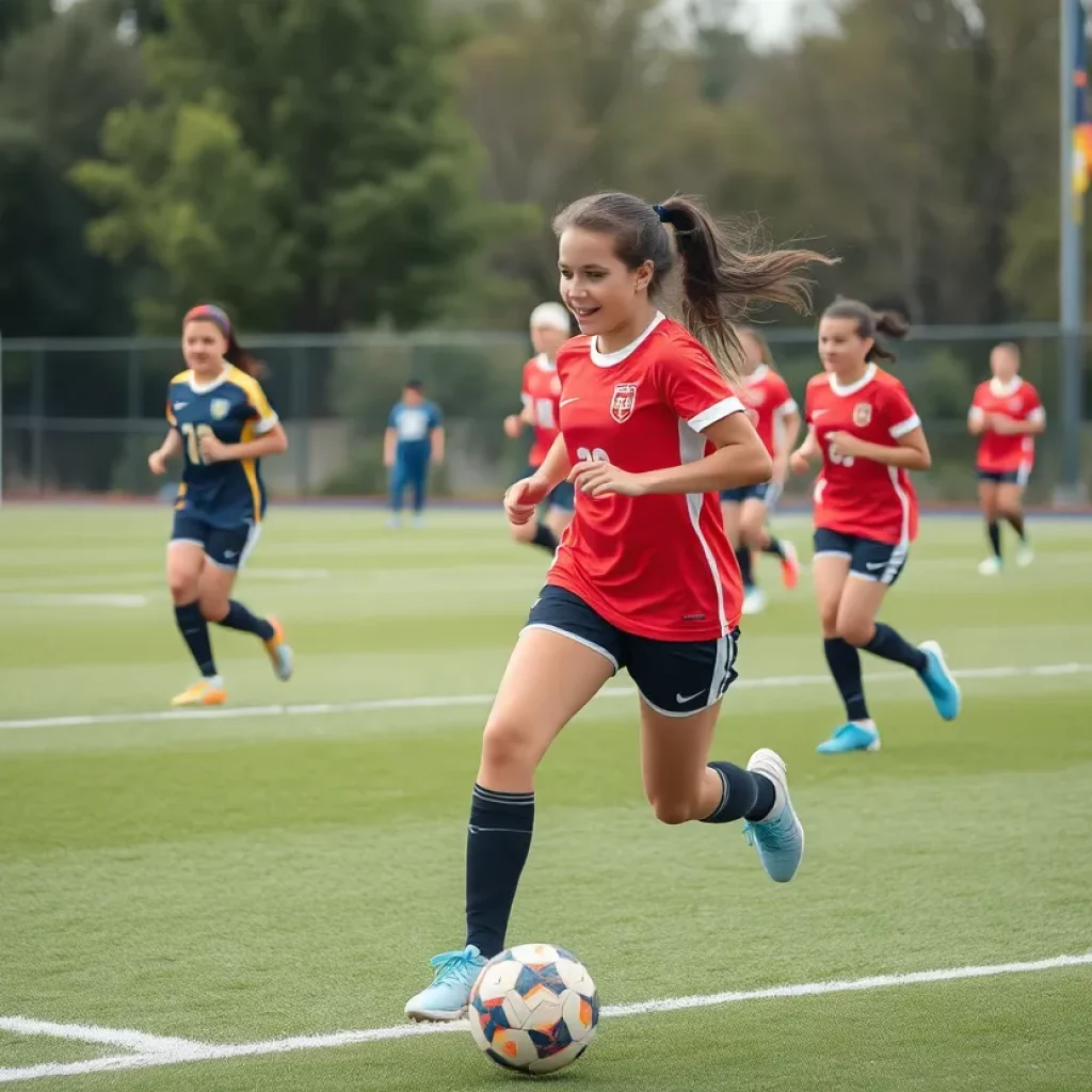 Girls soccer team practicing on a field