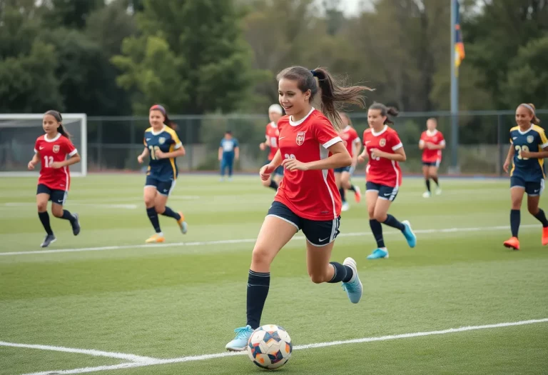 Girls soccer team practicing on a field