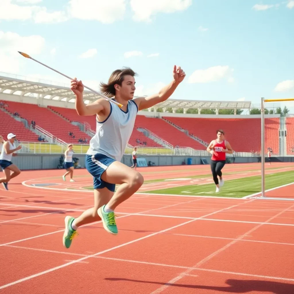 High school athletes competing in javelin, high jump, and pole vault during a track and field event.
