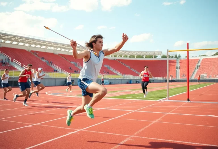 High school athletes competing in javelin, high jump, and pole vault during a track and field event.