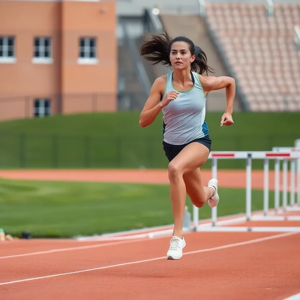 Athletic woman running in a track and field event with hurdles.