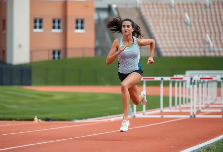 Athletic woman running in a track and field event with hurdles.