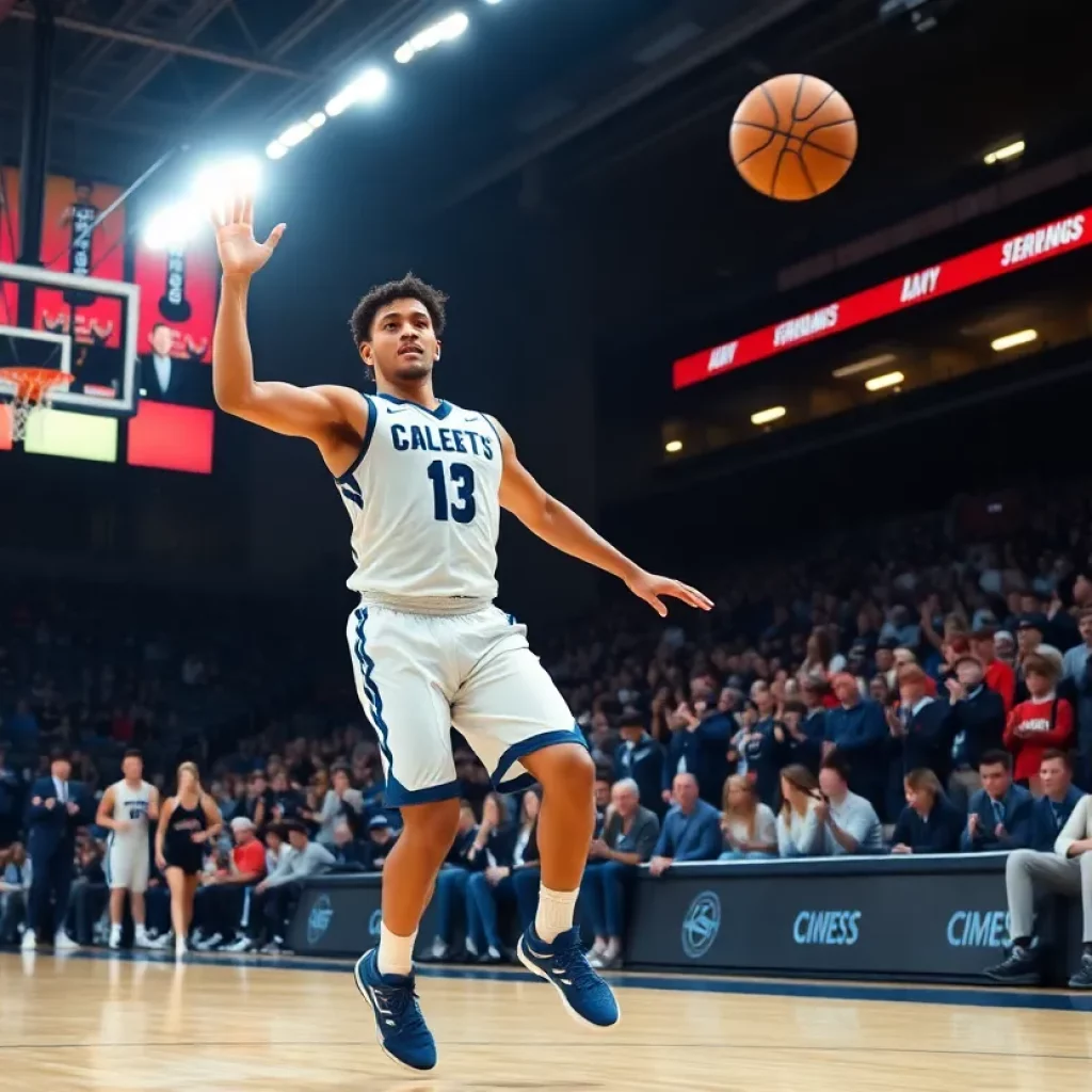 Dynamic college basketball scene with a player in action