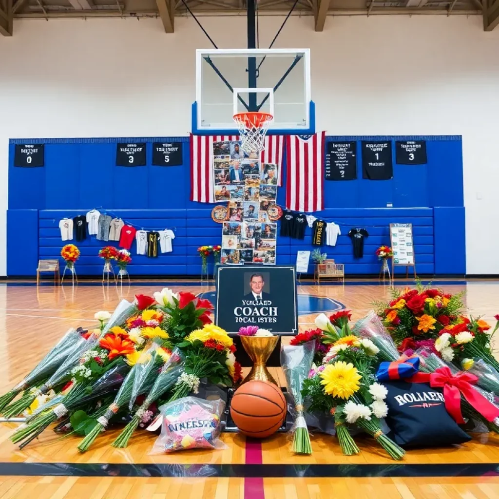 Community tribute for Ray Convery with flowers and basketball memorabilia
