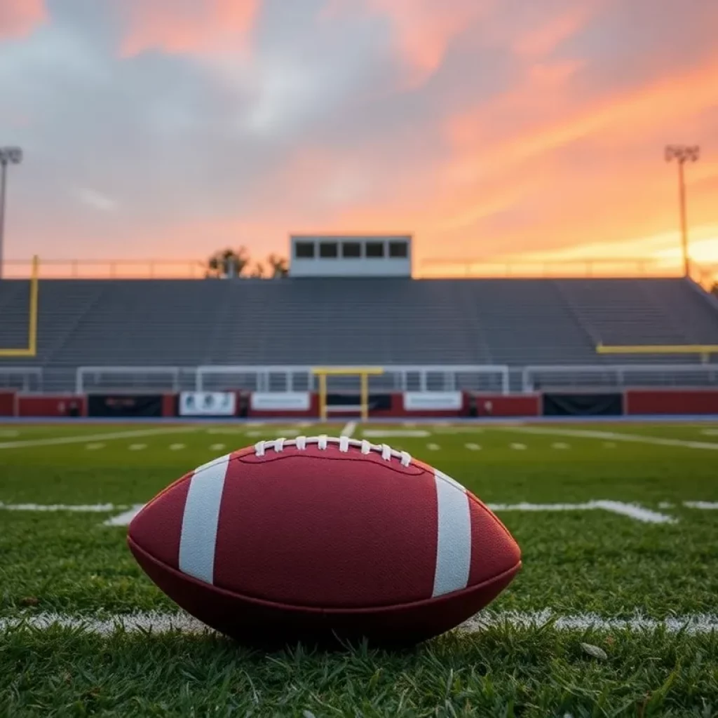 High school football field at sunset symbolizing remembrance
