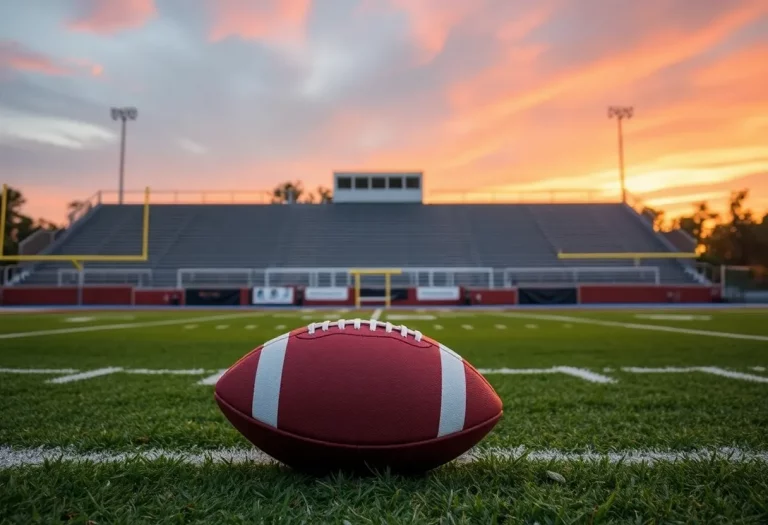 High school football field at sunset symbolizing remembrance