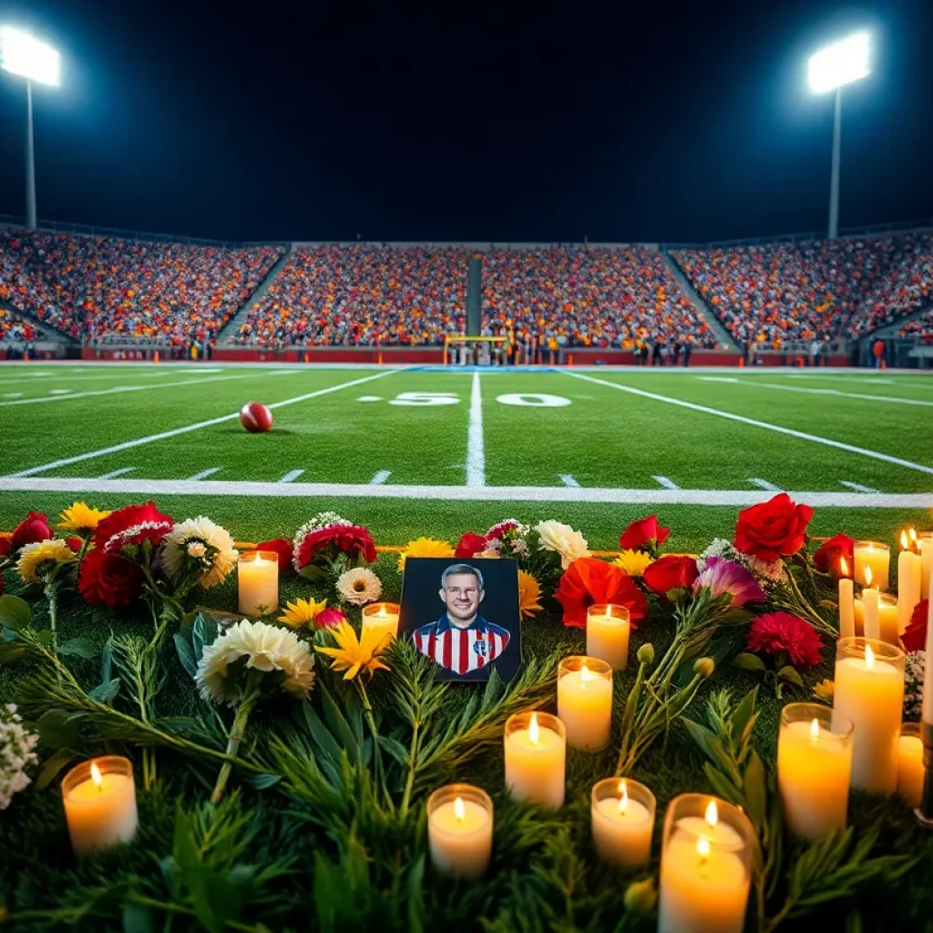 A memorial featuring flowers and candles on a football field.