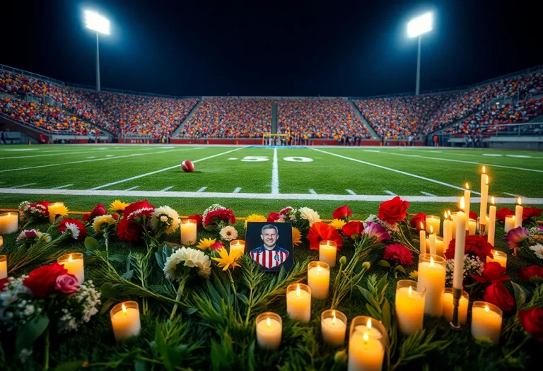 A memorial featuring flowers and candles on a football field.