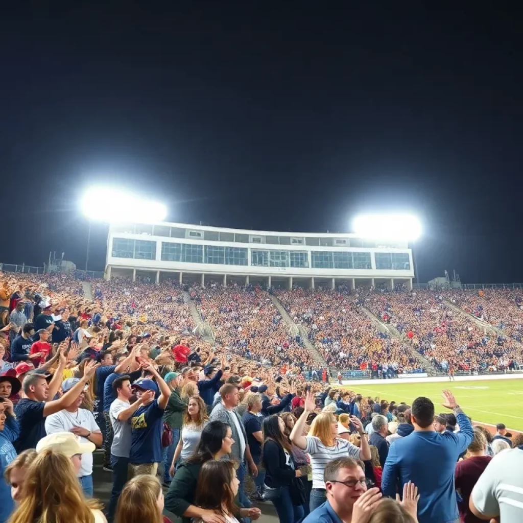 Fans cheering at a high school football game in Tuscaloosa