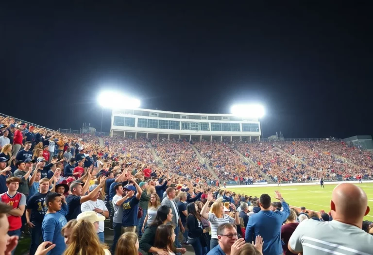 Fans cheering at a high school football game in Tuscaloosa