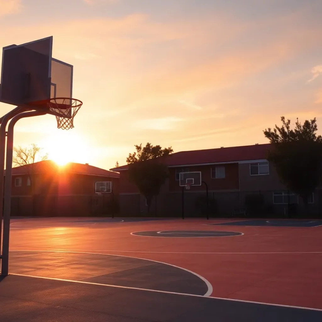 A sunset above a basketball court representing legacy and community