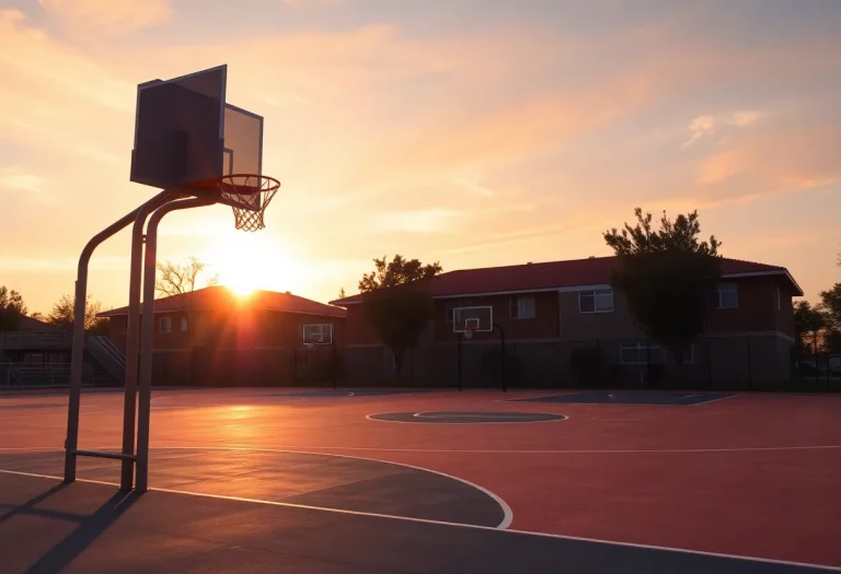 A sunset above a basketball court representing legacy and community