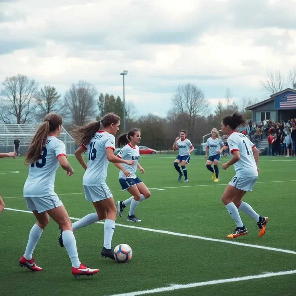 Girls playing soccer during a high school match in Utah