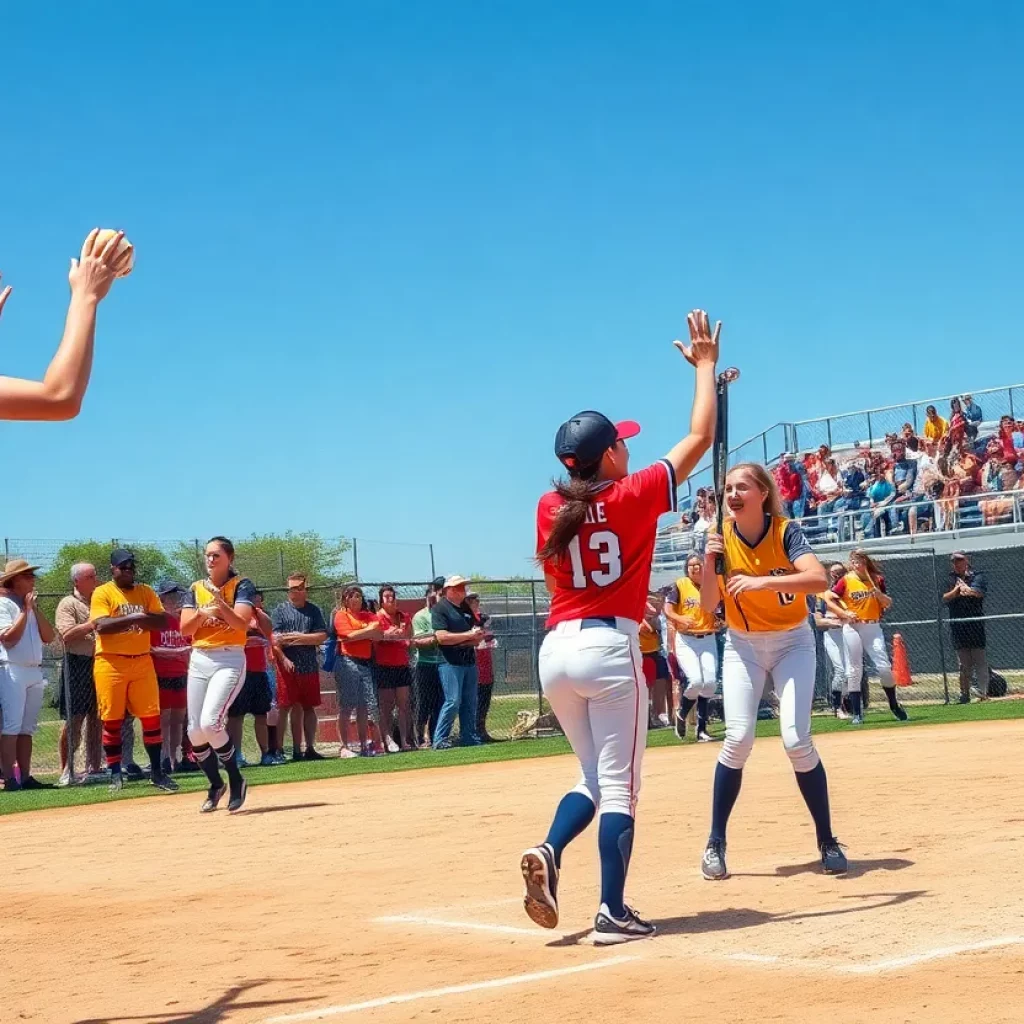 High school softball players celebrating during a game in Virginia