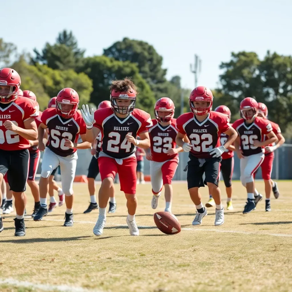 Group of young athletes practicing football on a sunny field