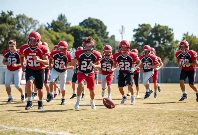 Group of young athletes practicing football on a sunny field