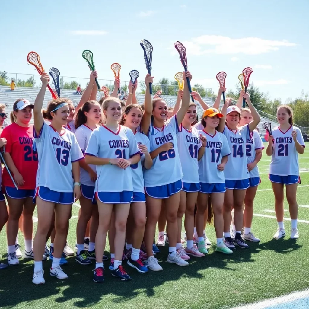 High school lacrosse players celebrating on the field