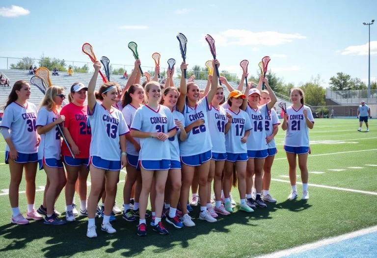 High school lacrosse players celebrating on the field
